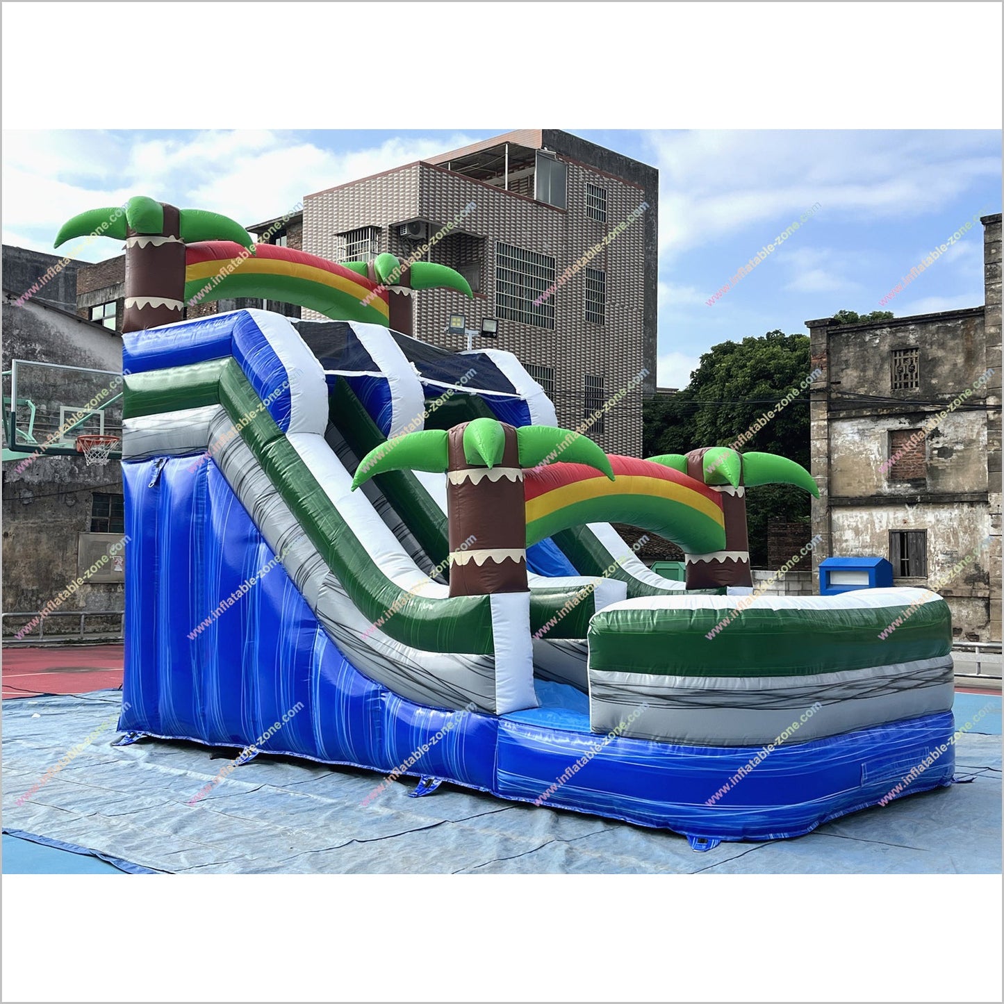 Tropical Palm Trees Inflatable Waterslide Rental Near Me Rainbows Theme Blow Up Water Slide With Pool - Inflatable-Zone