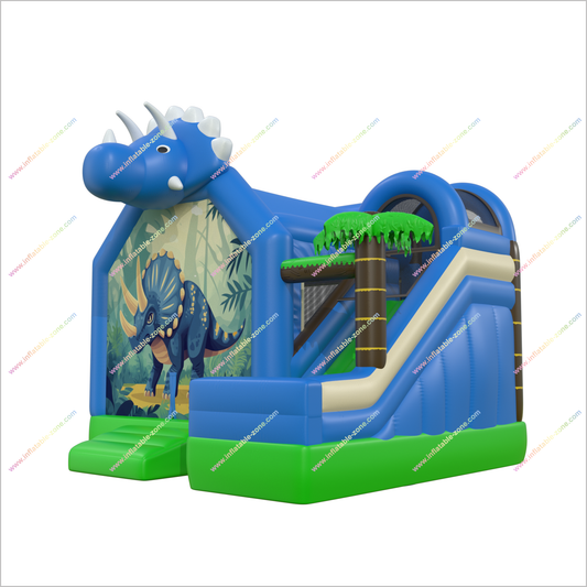 Blue Dinosaur Bounce House Slide Commercial Inflatable Combo Blow Up Triceratops Bouncy Castle With Slide For Sale - Inflatable-Zone
