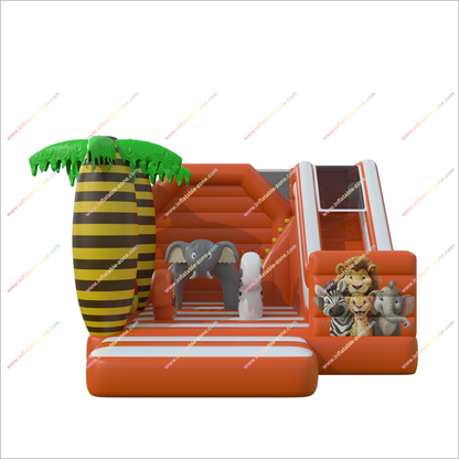 Orange Jungle Bounce And Slide Combo Animal Commercial Soft Play Equipment Inflatable Bouncer With Slide - Inflatable-Zone