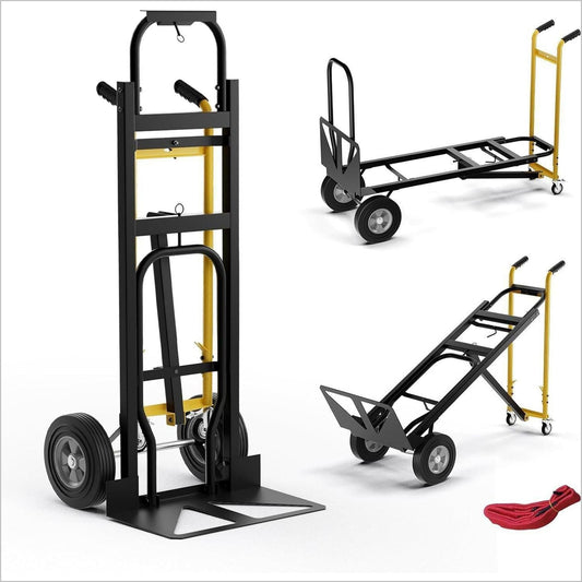 Convertible Hand Truck, 3-in-1 Metal Dolly Cart with 4 Rubber Wheels, 1000 lbs Max Load Capacity, Heavy-Duty Industrial Collapsible Cart - Inflatable-Zone