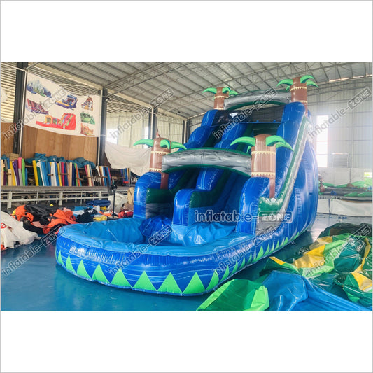 Blue Palm Tree Inflatable Water Slide Inflatable Bouncer Tropical Jumping Castle Waterslide With Small Pool - Inflatable-Zone