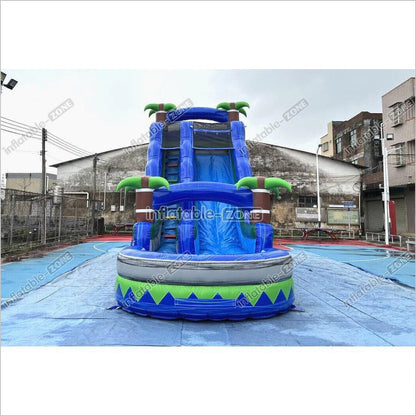 Outdoor Giant Inflatable Bouncy Waterslide Tropical Palm Tree Single Lane Water Slide With Swimming Pool Jumper - Inflatable-Zone