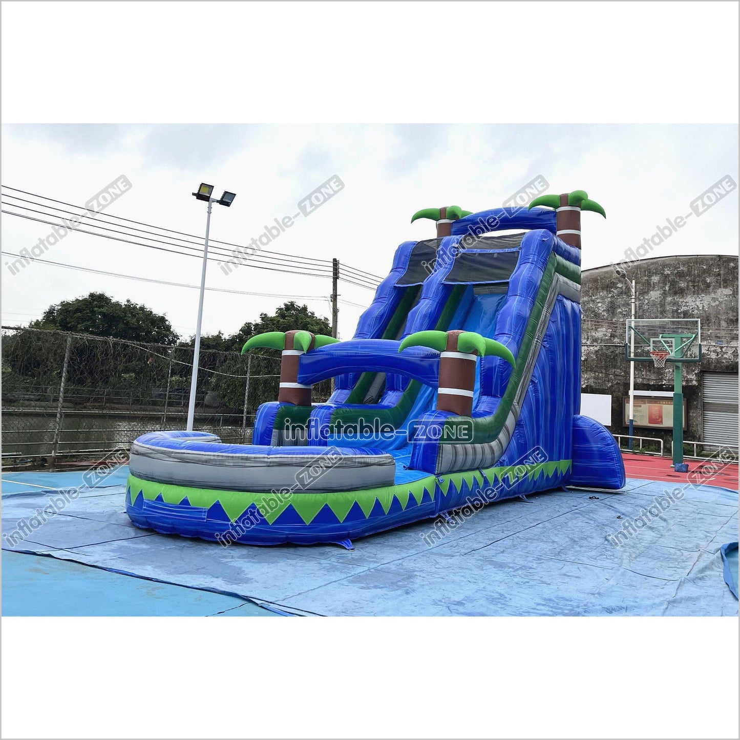 Outdoor Giant Inflatable Bouncy Waterslide Tropical Palm Tree Single Lane Water Slide With Swimming Pool Jumper - Inflatable-Zone