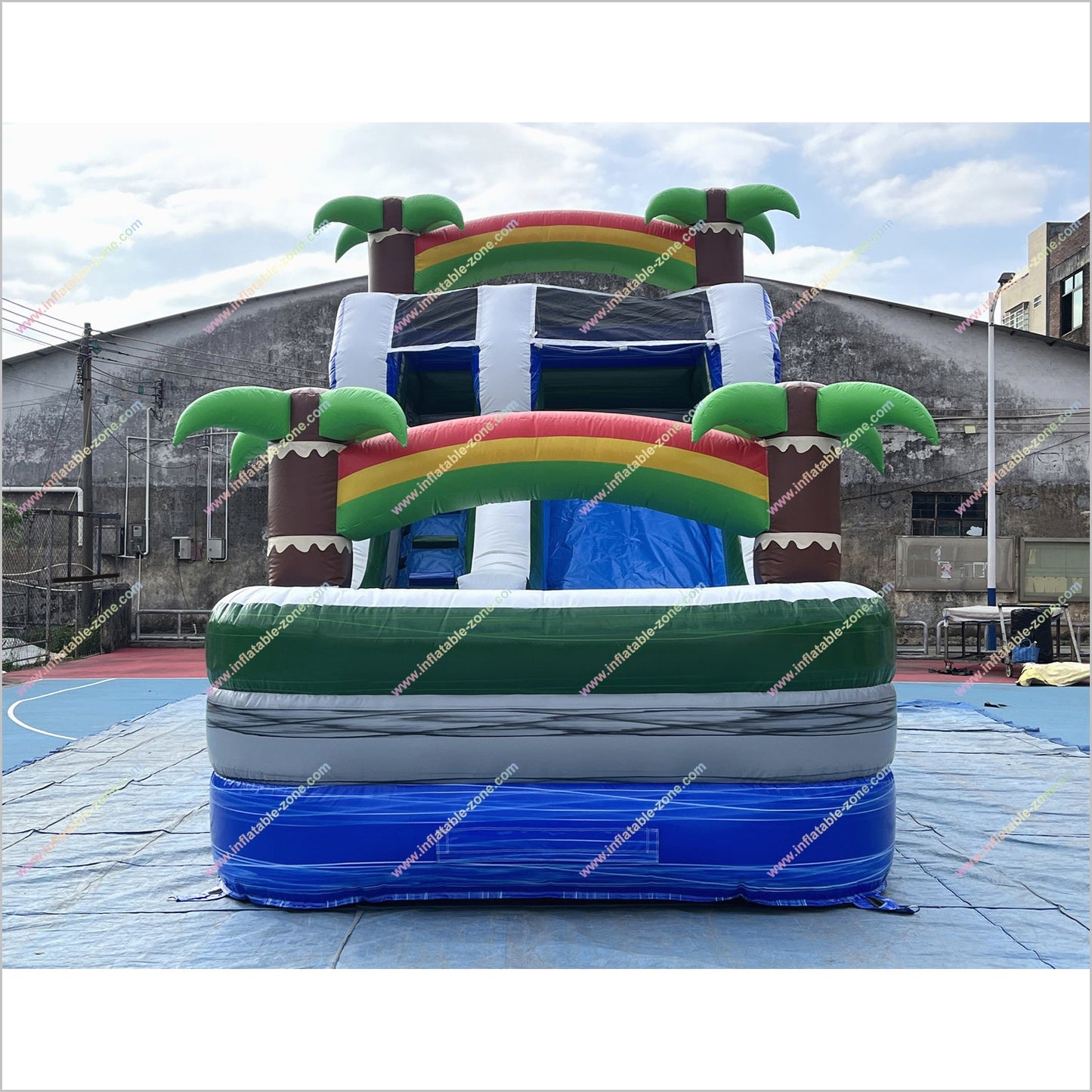 Tropical Palm Trees Inflatable Waterslide Rental Near Me Rainbows Theme Blow Up Water Slide With Pool - Inflatable-Zone