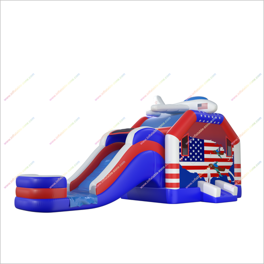 Airplane Bounce House Jumper And Water Slide Combo American Flag Stars And Stripes Inflatable Jumping Castle Slide - Inflatable-Zone