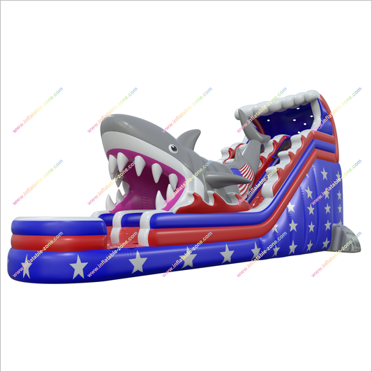 Stars And Stripes Water Slides American Flag Inflatable Shark Attack Double Lane Water Slide Swimming Pool - Inflatable-Zone